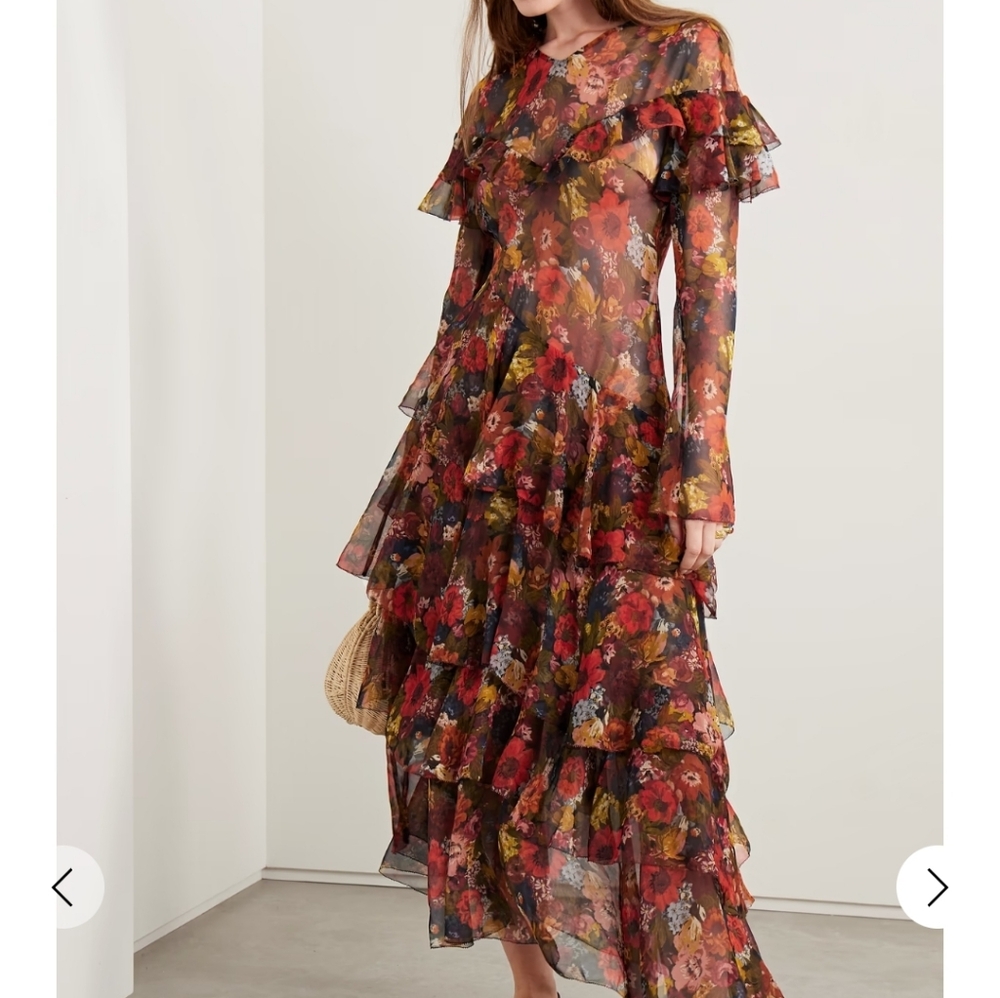 Doen Alouette Asymmetric Ruffle Floral Sheer 100% Silk Long Sleeve Dress Medium